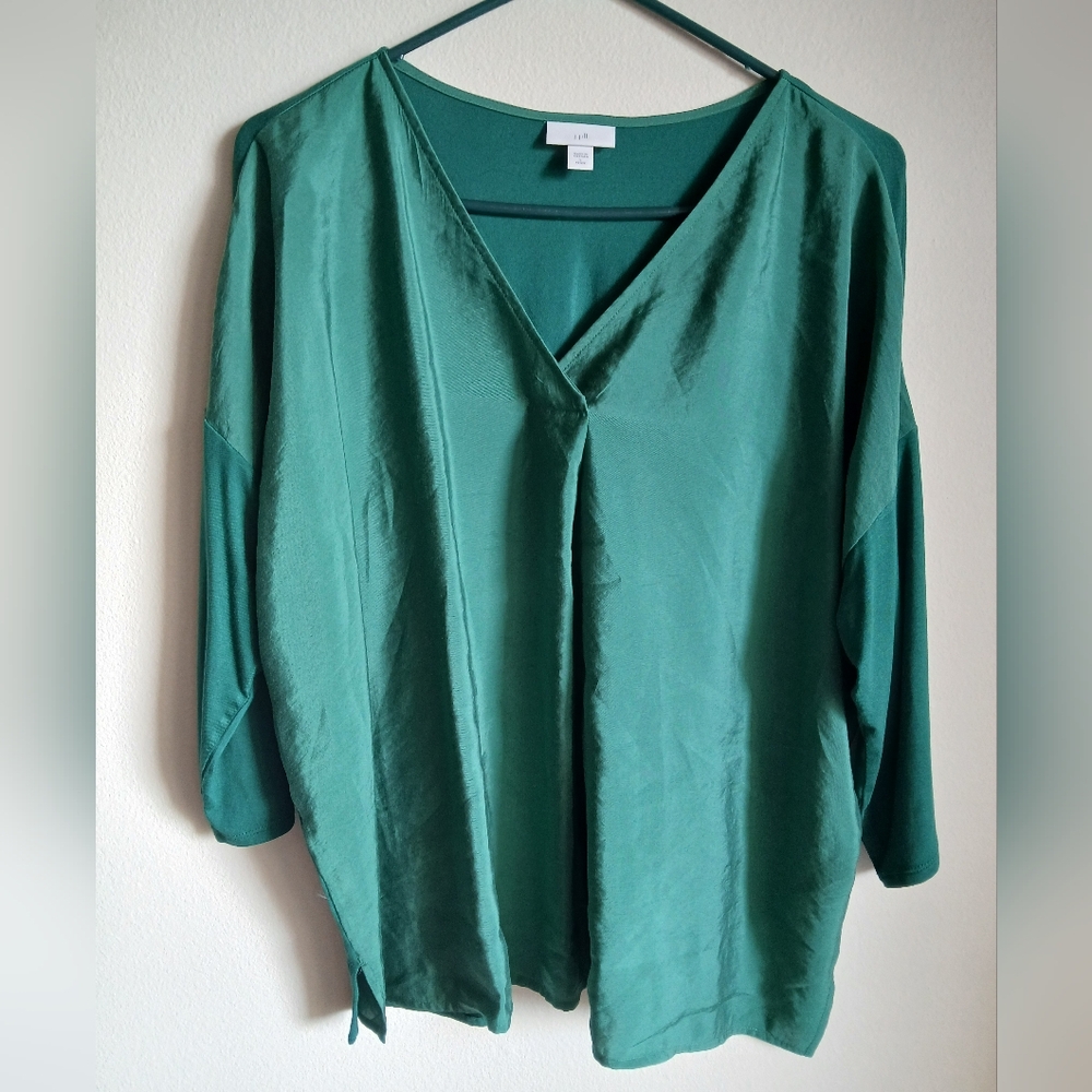 J Jill Top Womens Petite Large Green V Neck Blouse
